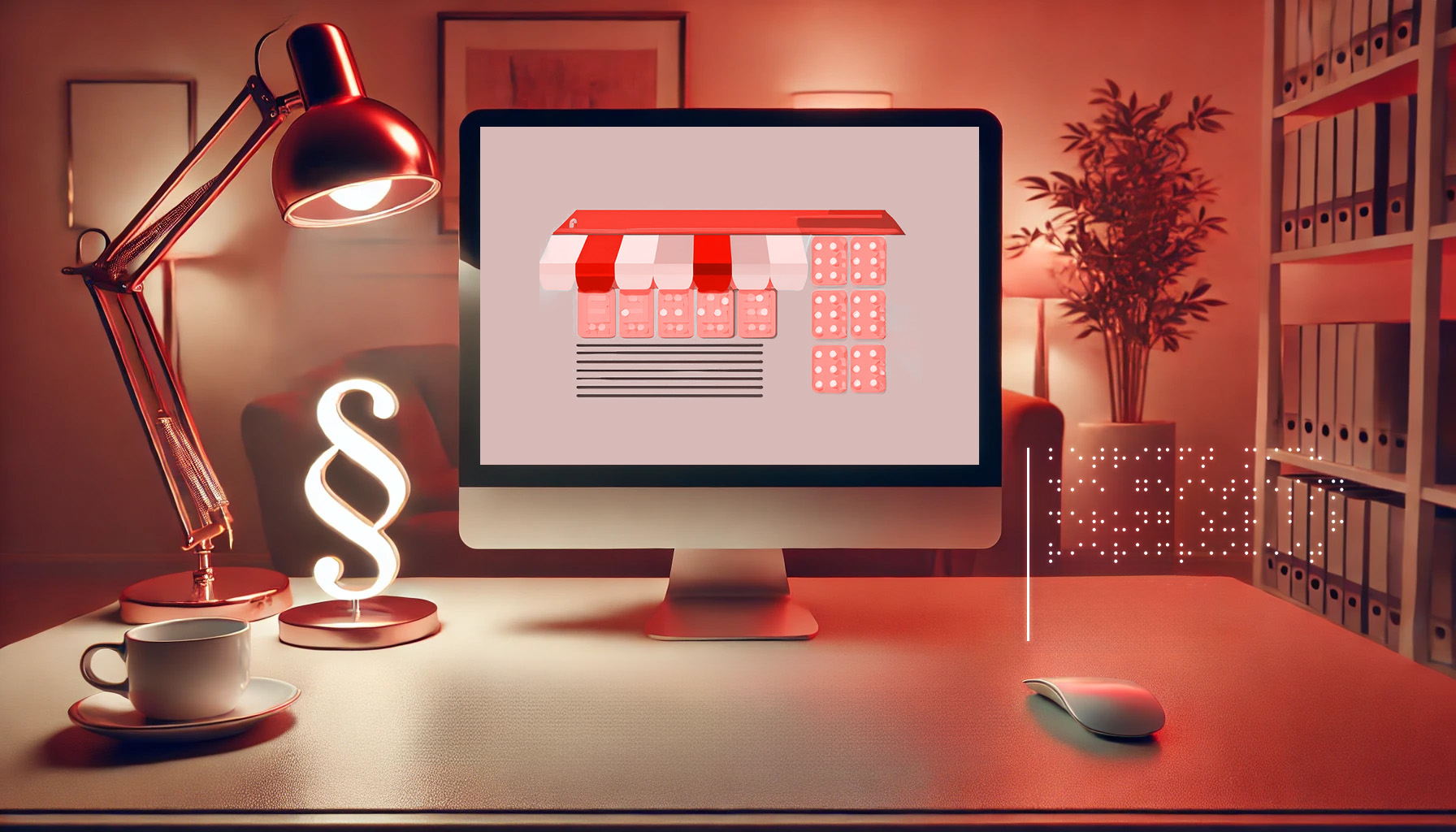 Schreibtisch mit Skulptur einer Paragraphen-Zeichens, Maus mit Blindenschrift und Monitor, auf dem ein barrierefreier Onlineshop zu sehen ist